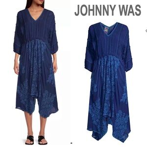 Johnny Was Rosslyn Pintuck Embroidered Dress Blue M Bohemian Peasant Cottagecore
